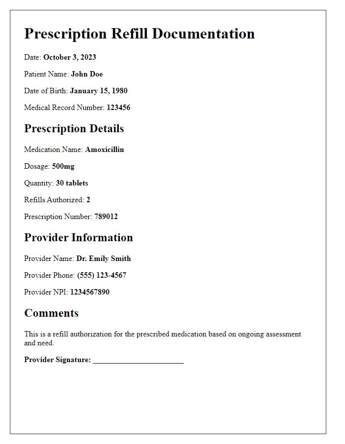 Letter template of prescription refill documentation for medical records.