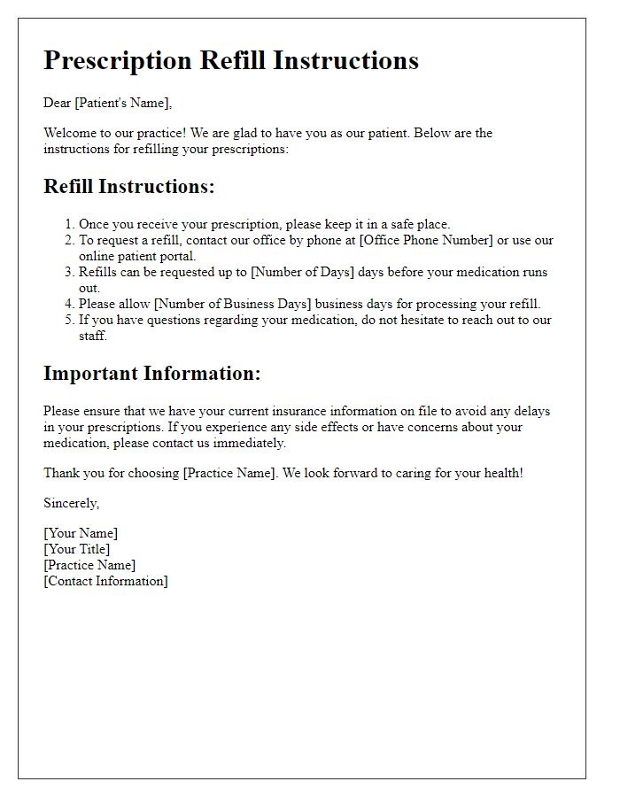 Letter template of prescription refill instructions for new patients.