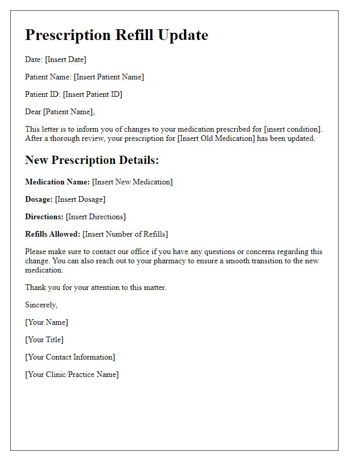 Letter template of prescription refill update for medication changes.