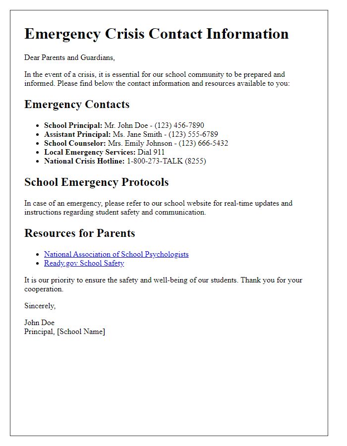 Letter template of crisis contact information for schools