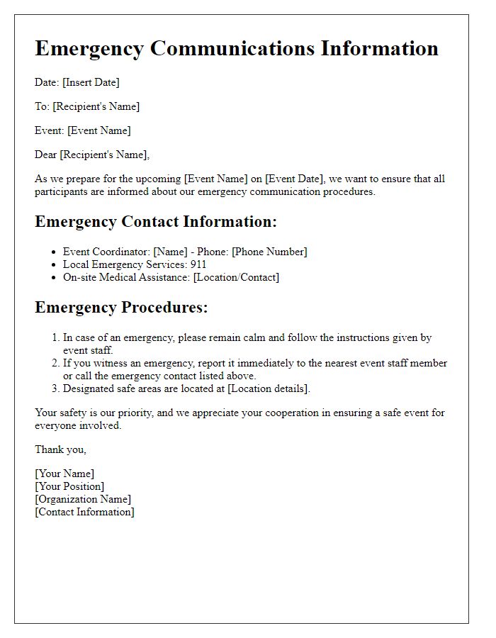 Letter template of emergency communications info for events