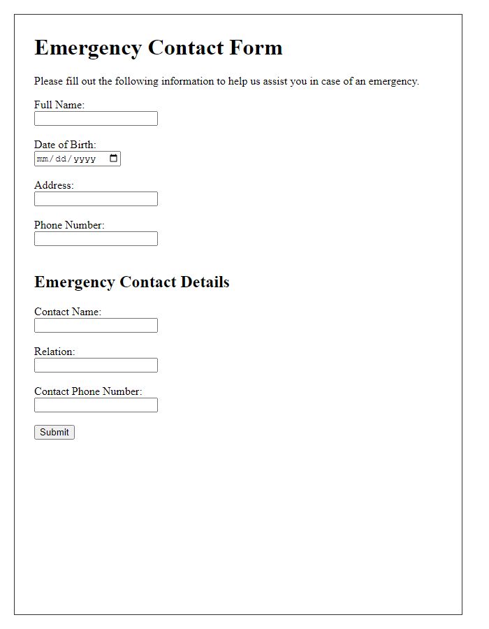 Letter template of emergency contact form for health services