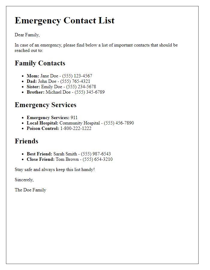 Letter template of emergency contact list for family