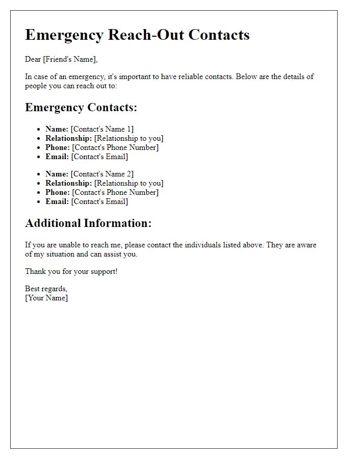 Letter template of emergency reach-out contacts for friends