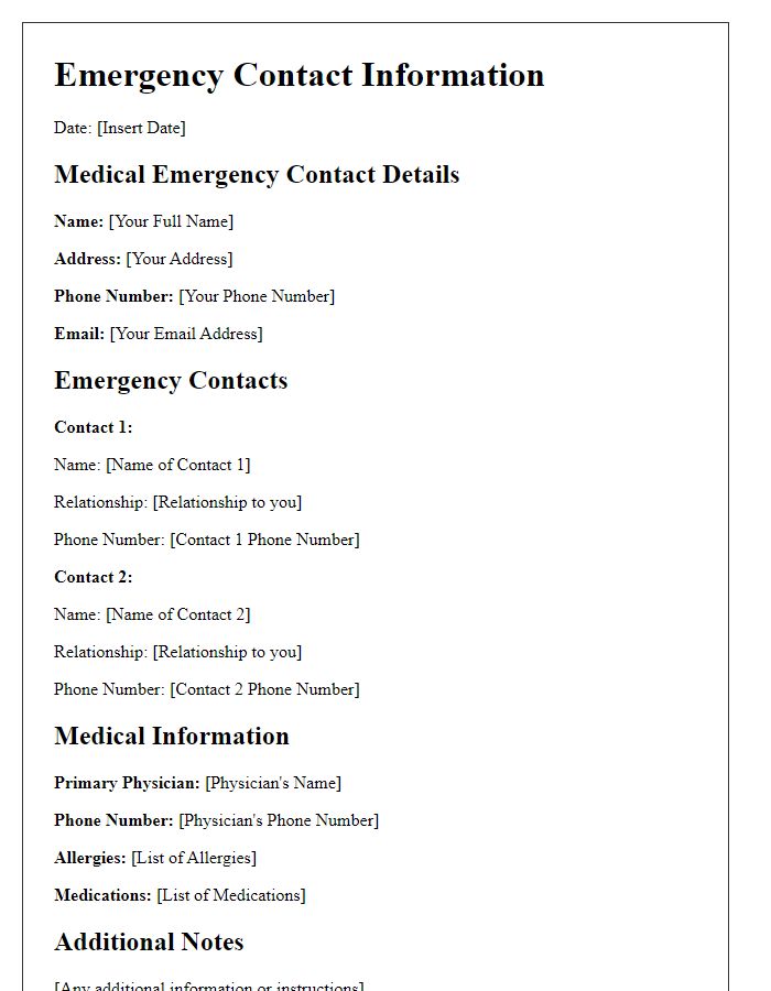 Letter template of essential contact details for medical emergencies