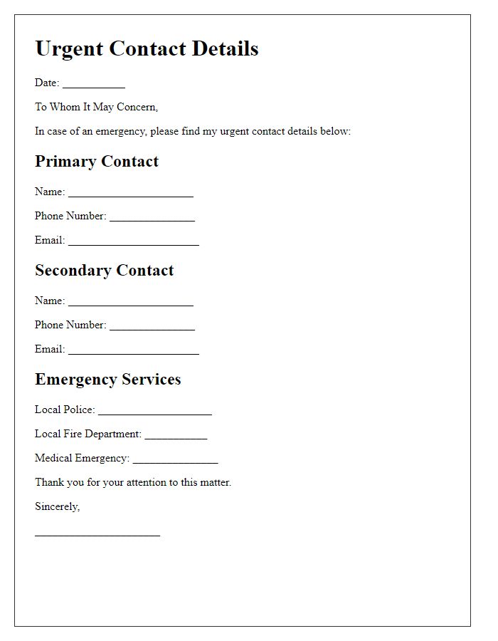 Letter template of urgent contact details for emergencies