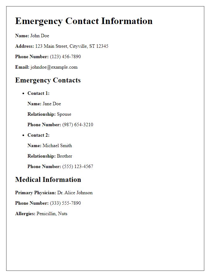 Letter template of vital emergency contact information