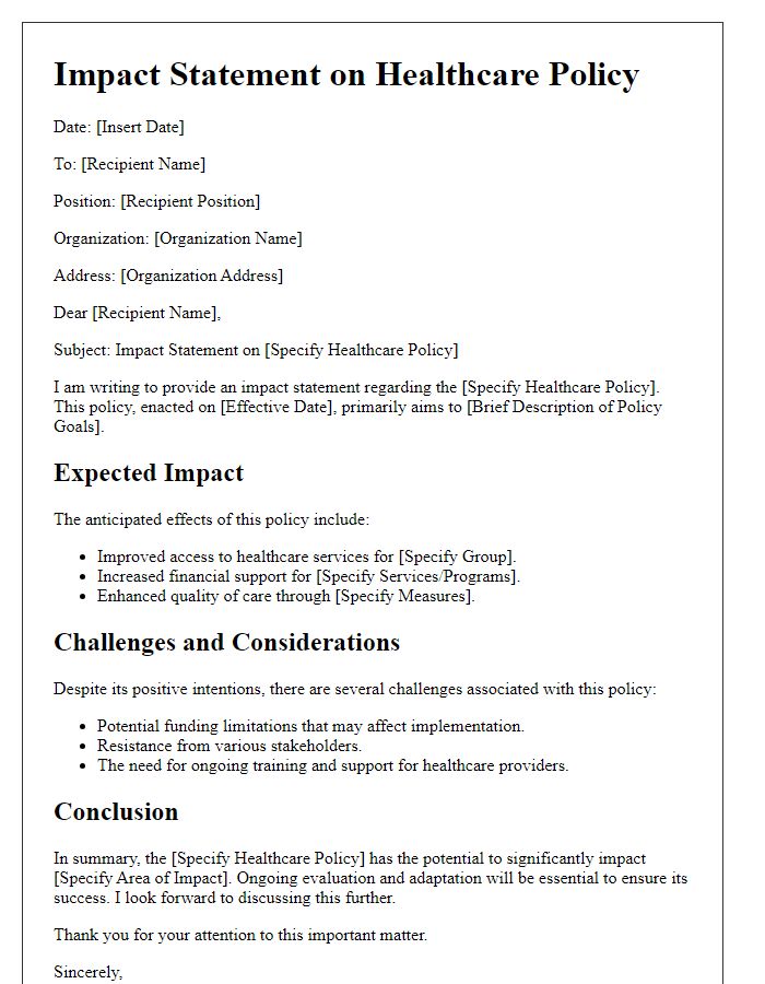 Letter template of healthcare policy impact statement