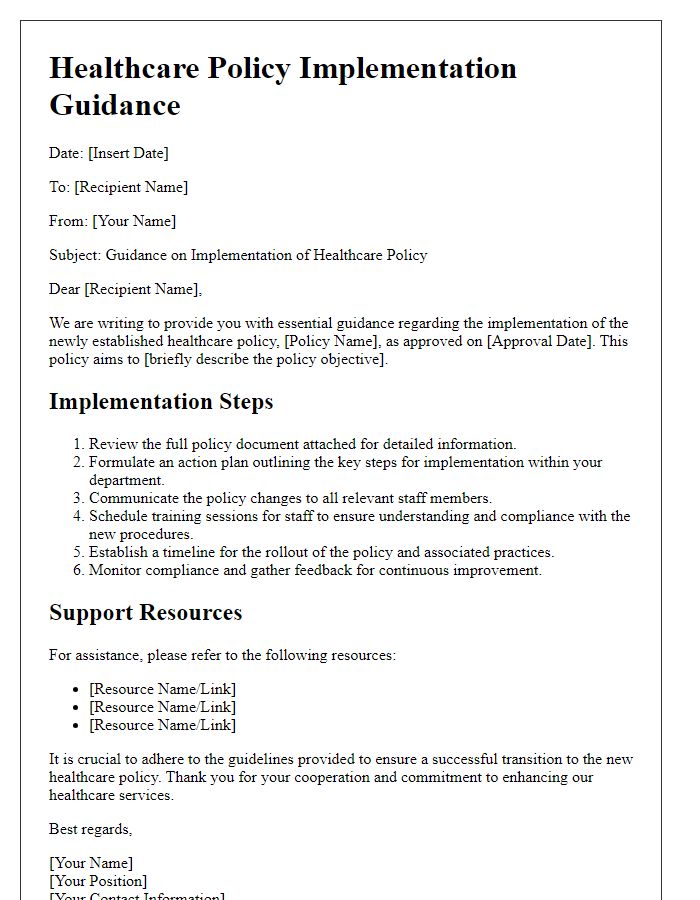 Letter template of healthcare policy implementation guidance