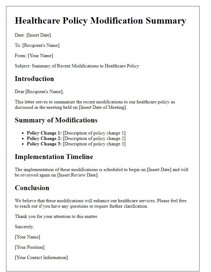 Letter template of healthcare policy modification summary