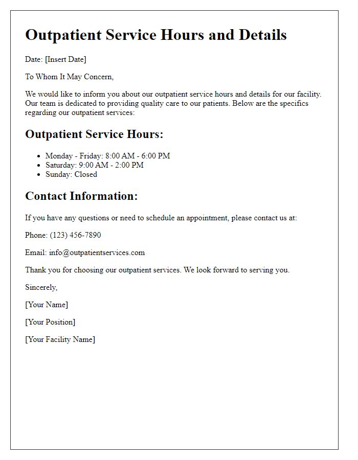 Letter template of outpatient service hours and details