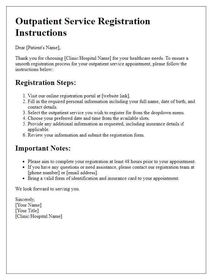 Letter template of outpatient service registration instructions