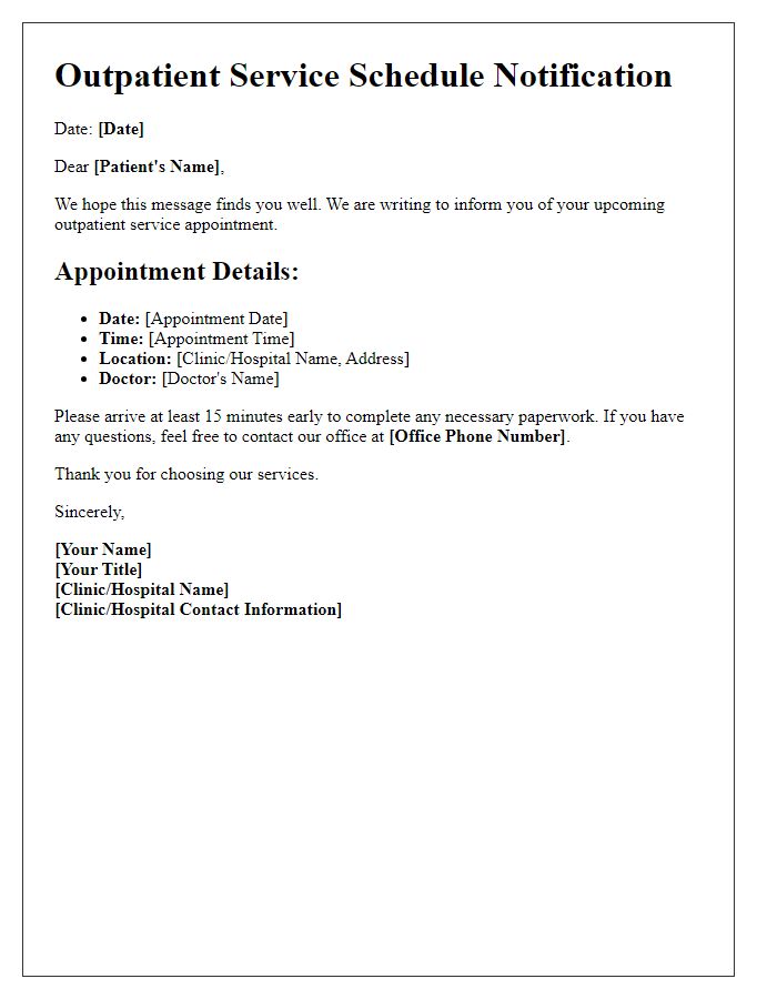 Letter template of outpatient service schedule notification