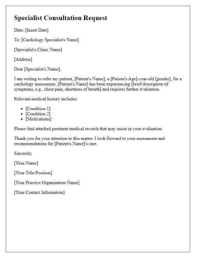 Letter template of specialist consultation request for cardiology assessment.