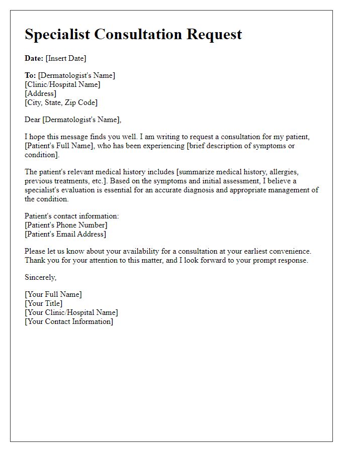 Letter template of specialist consultation request for dermatology services.