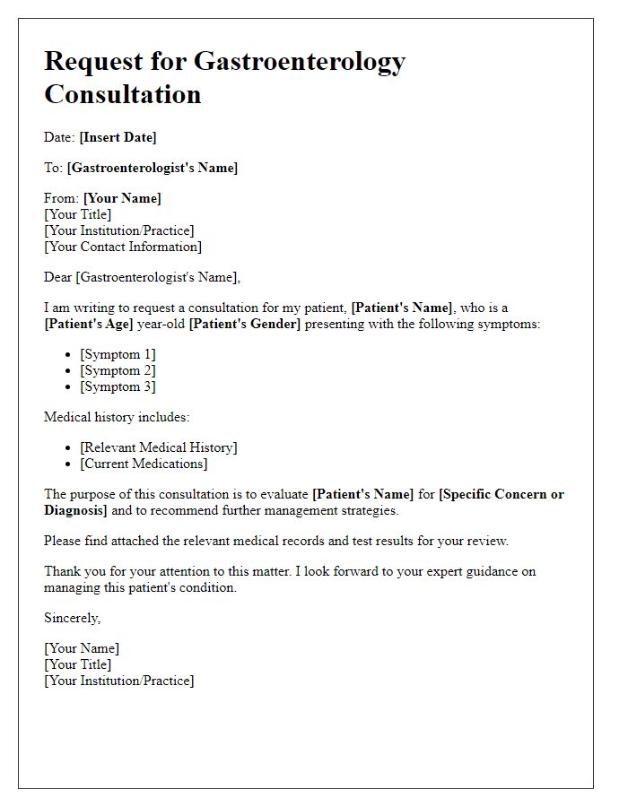 Letter template of specialist consultation request for gastroenterology consultation.