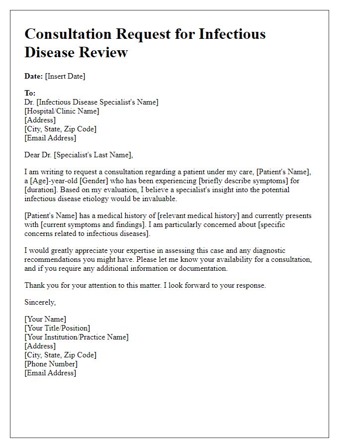 Letter template of specialist consultation request for infectious disease review.