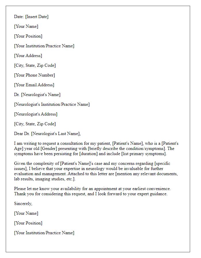 Letter template of specialist consultation request for neurological review.