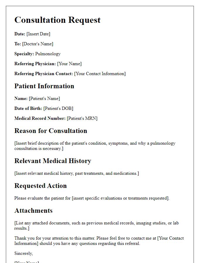 Letter template of specialist consultation request for pulmonology examination.