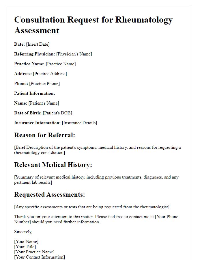 Letter template of specialist consultation request for rheumatology assessment.