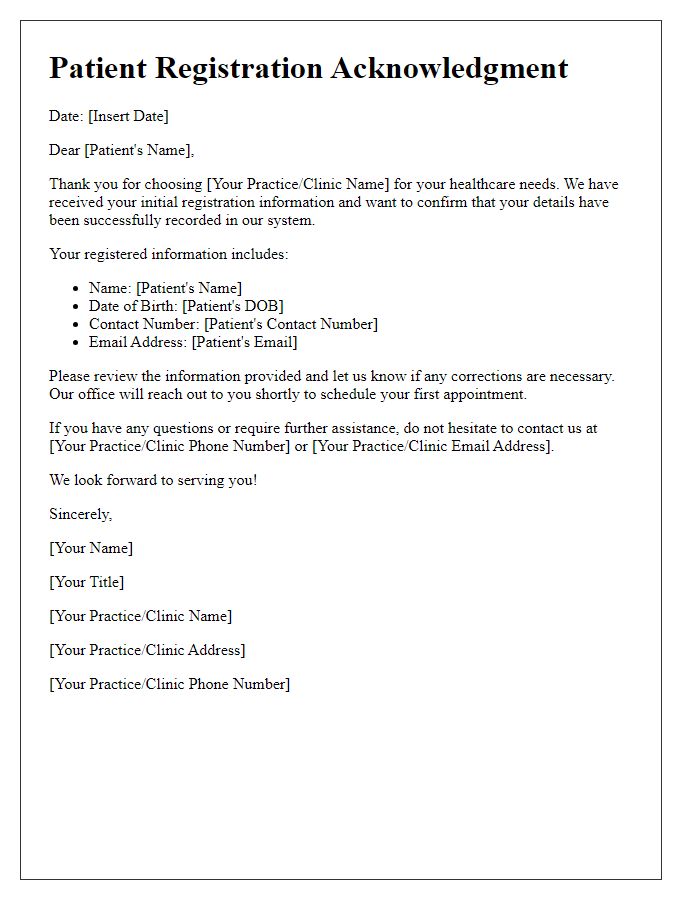 Letter template of Initial Patient Registration Acknowledgment