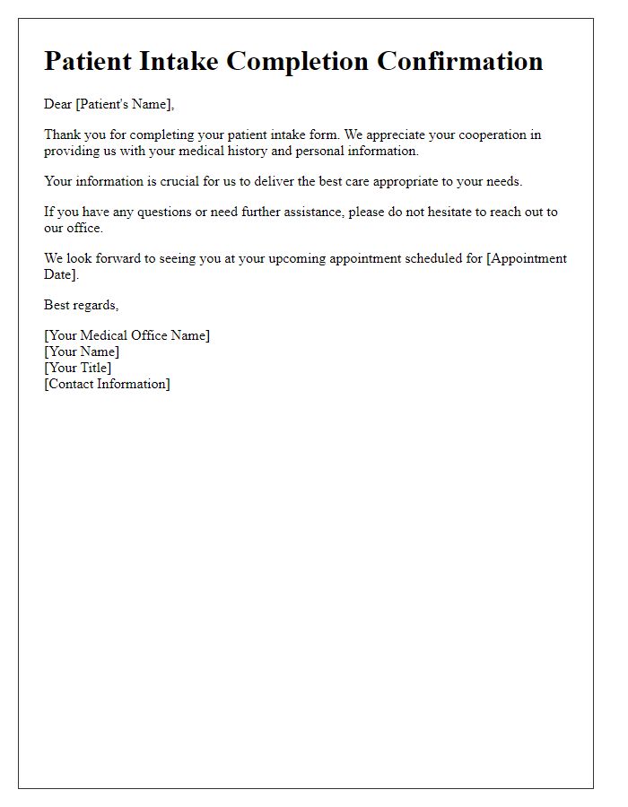 Letter template of Patient Intake Completion