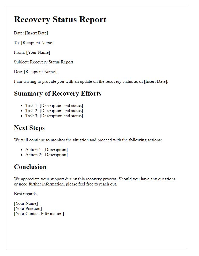 Letter template of recovery status report