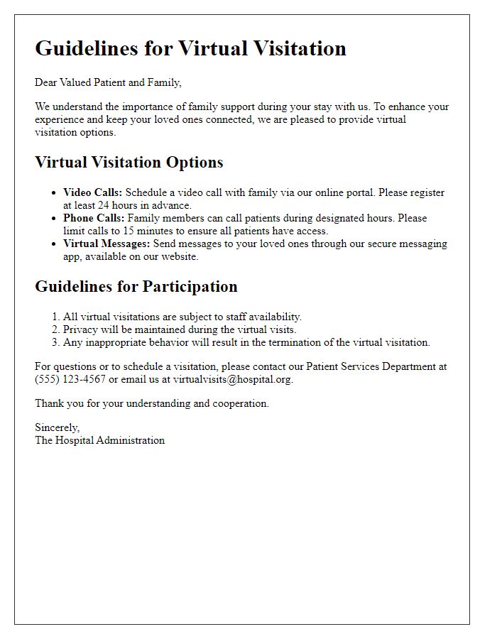 Letter template of hospital guidelines for virtual visitation options.