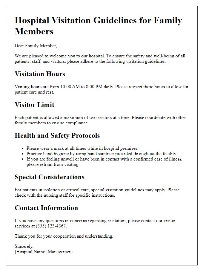 Letter template of hospital visitation guidelines for family members.