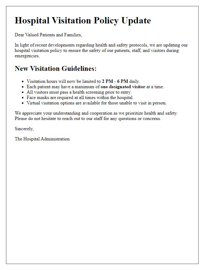 Letter template of hospital visitation policy updates for emergencies.