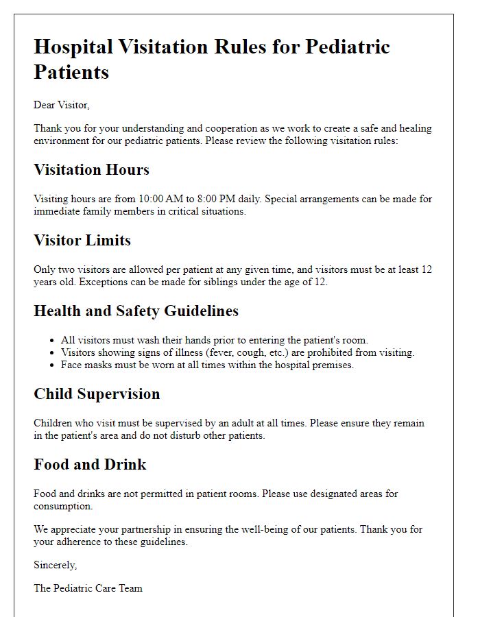 Letter template of hospital visitation rules for pediatric patients.