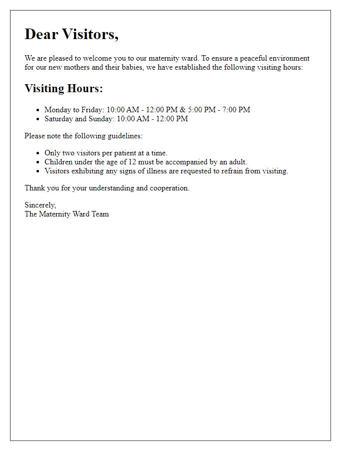 Letter template of hospital visiting hours for maternity wards.