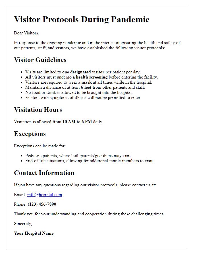 Letter template of hospital visitor protocols during a pandemic.