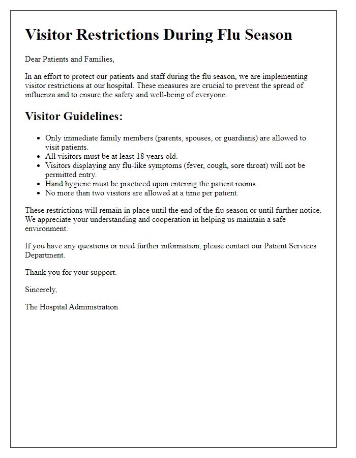 Letter template of hospital visitor restrictions during flu season.