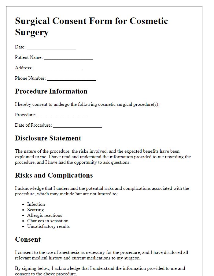 Letter template of surgical consent form for cosmetic surgery