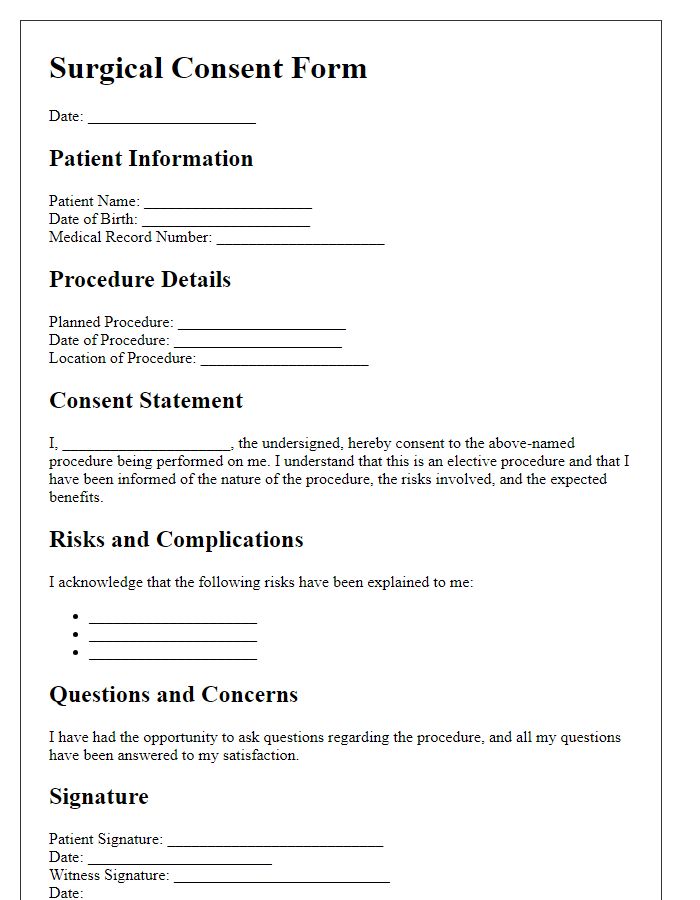 Letter template of surgical consent form for elective procedures