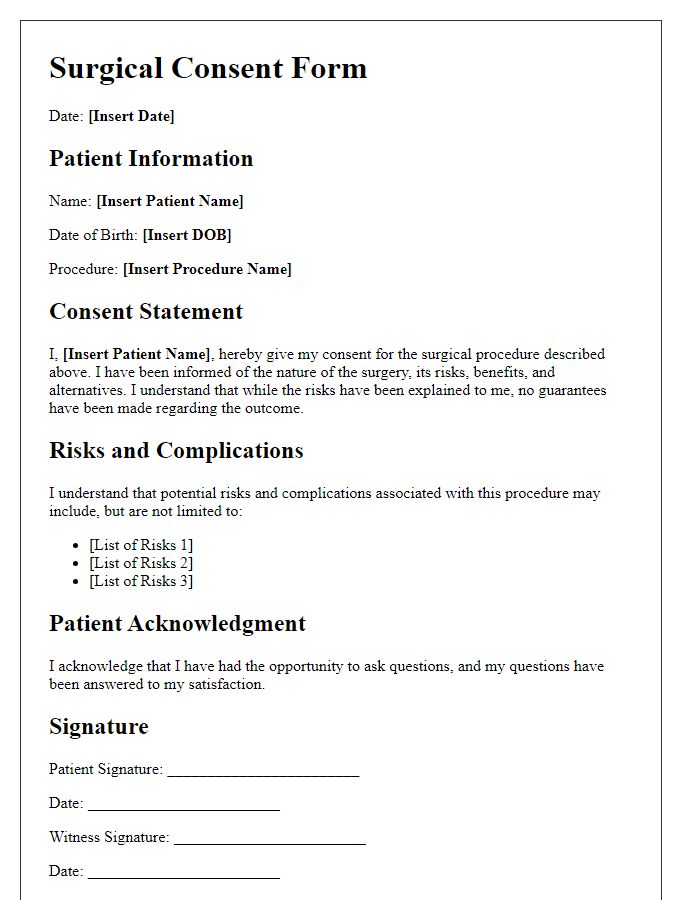 Letter template of surgical consent form for informed patient consent