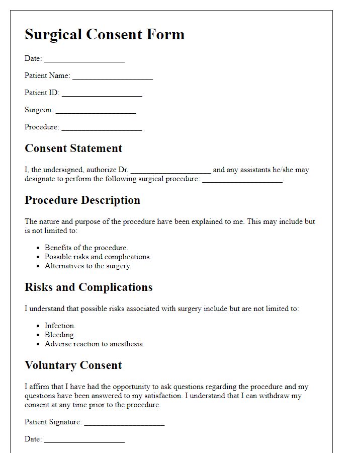 Letter template of surgical consent form for orthopedic procedures