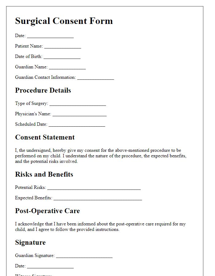 Letter template of surgical consent form for pediatric patients