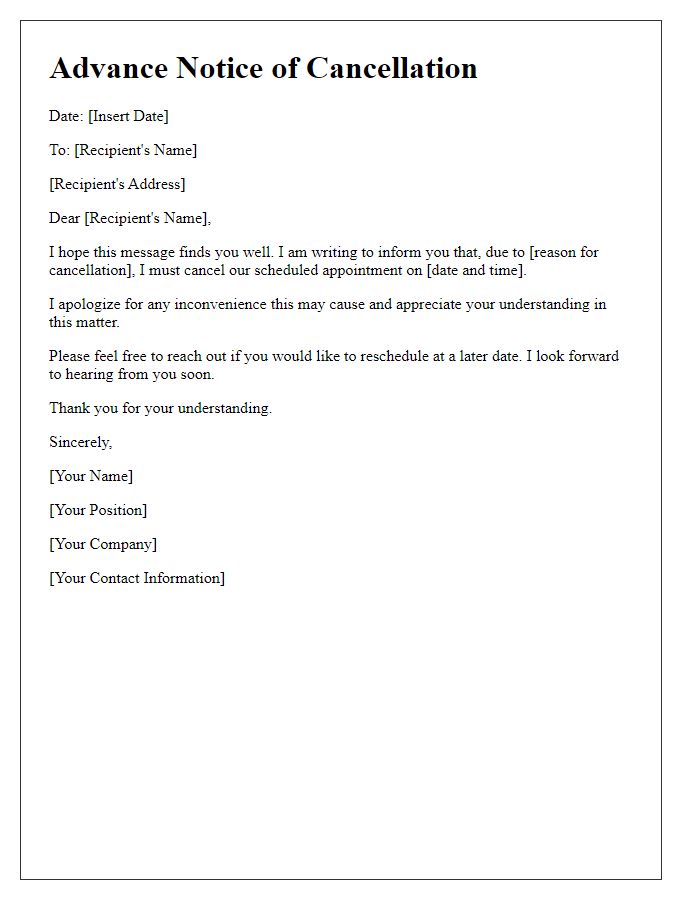 Letter template of advance notice for cancellations