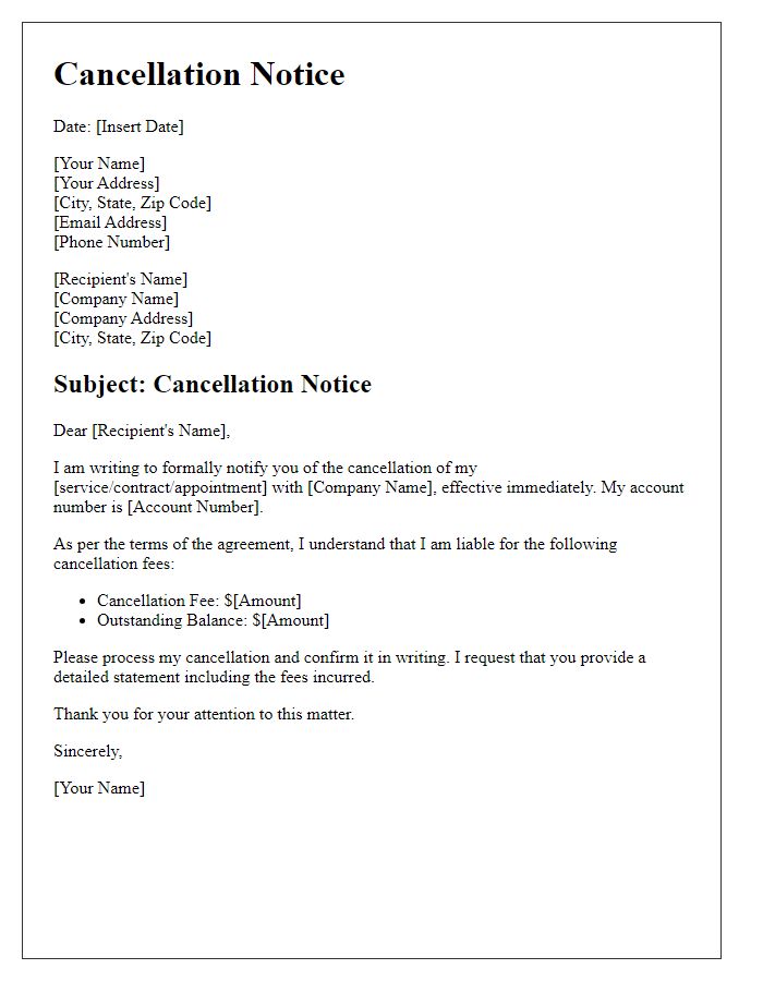 Letter template of cancellation notice and fees