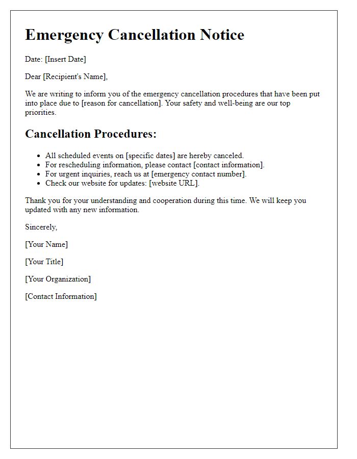 Letter template of emergency cancellation procedures