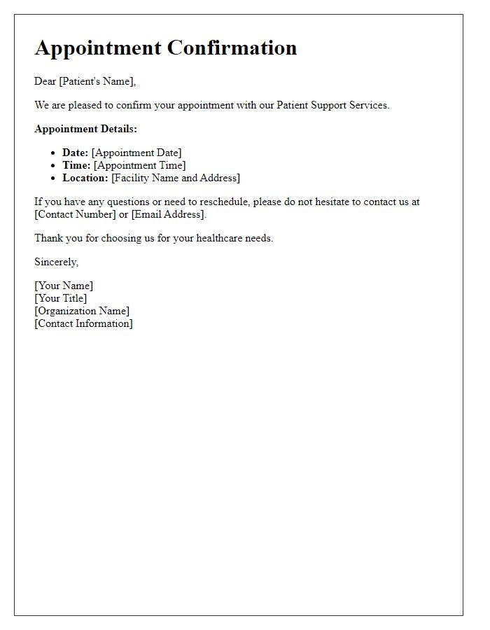 Letter template of patient support services appointment confirmation