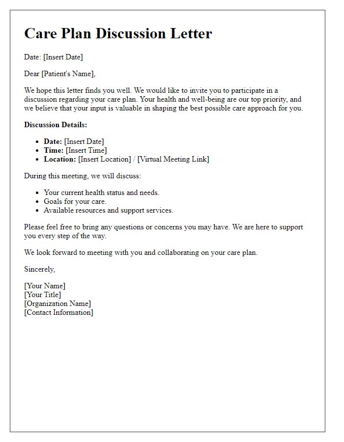 Letter template of patient support services care plan discussion