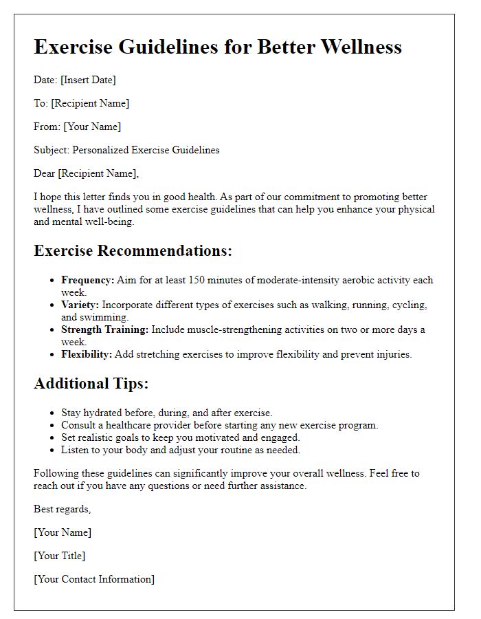 Letter template of exercise guidelines for better wellness.