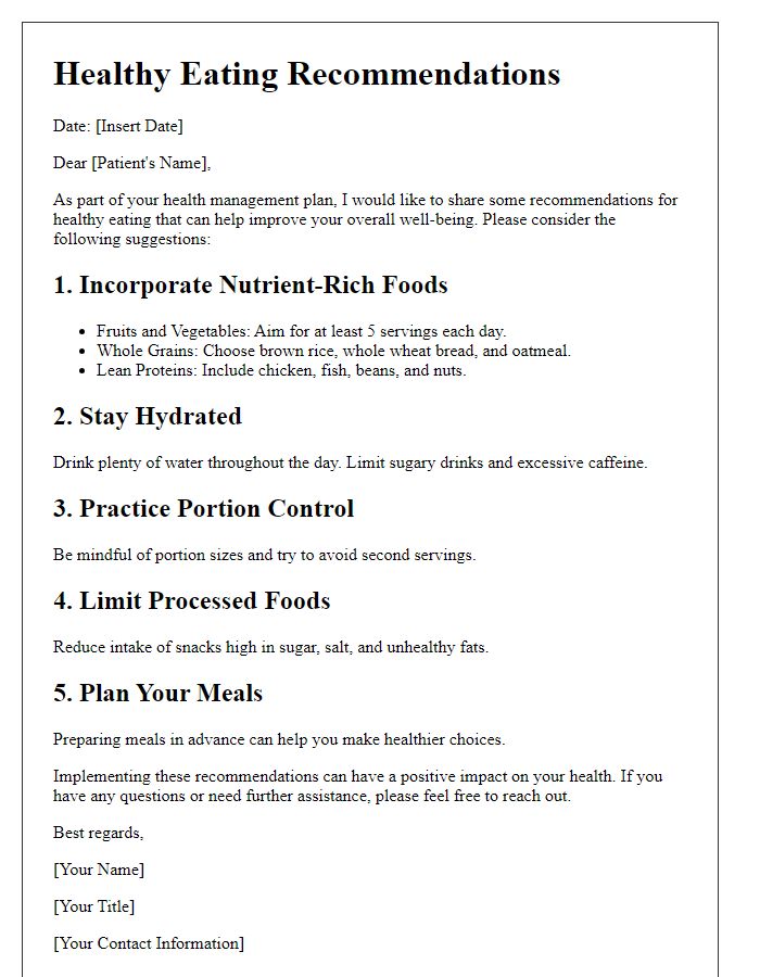 Letter template of healthy eating recommendations for patients.