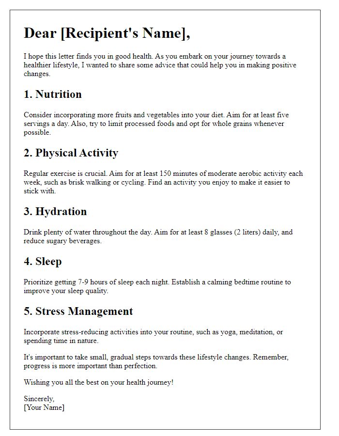 Letter template of lifestyle changes advice for improving health.