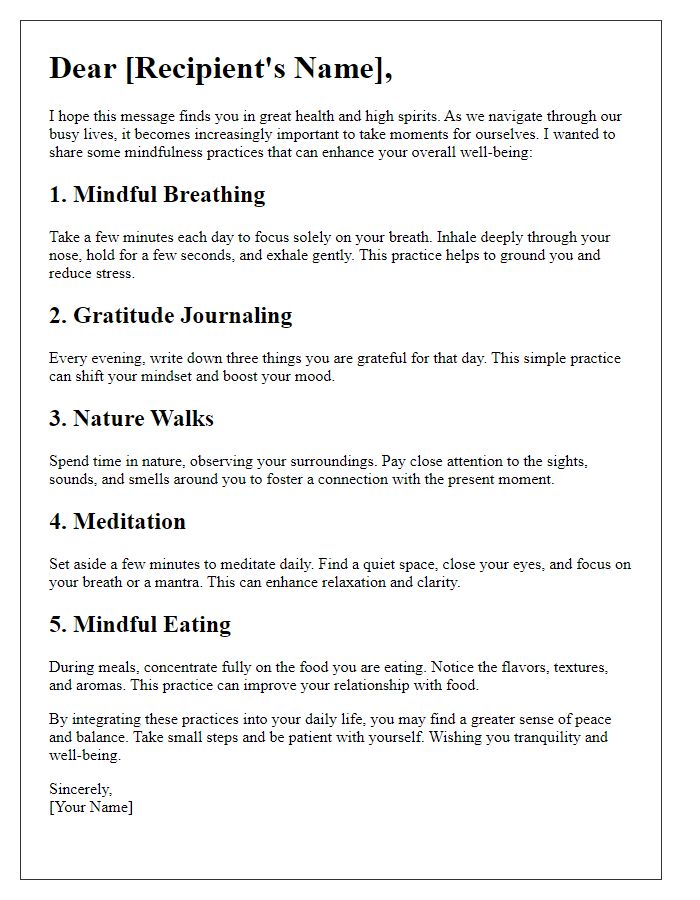 Letter template of mindfulness practices for overall well-being.