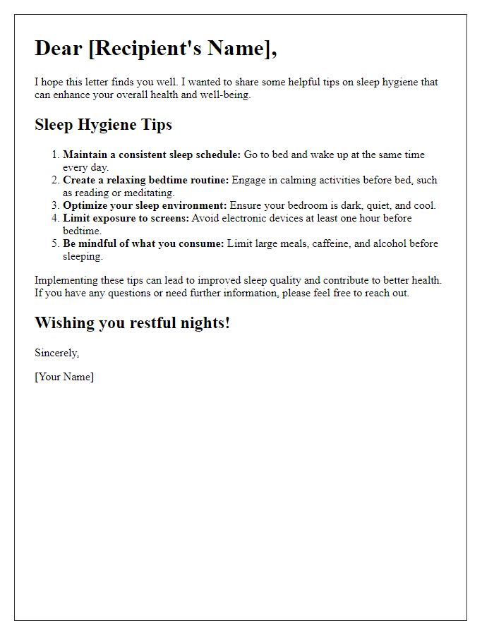 Letter template of sleep hygiene tips for enhanced health.