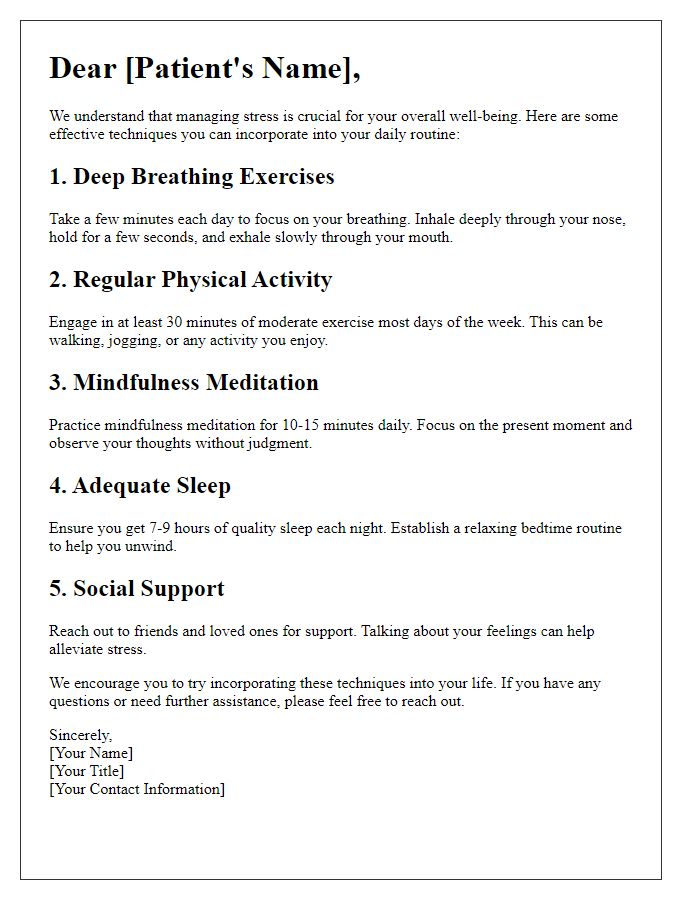 Letter template of stress management techniques for patients.